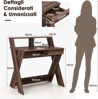 Scrivania per Computer in Legno, Scrivania con Cassetto, Portaoggetti e Supporto per Monitor, Poggiapiedi e Gambe a Forma di X, Ideale per Ufficio e Casa (Noce)