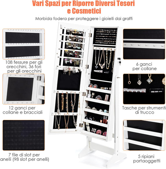 Armadietto Portagioie con Specchio a Figura Intera, 4 Angoli Reclinabili, Specchiera Portagioielli con Serratura, Armadio Porta Gioie da Terra (Bianco)