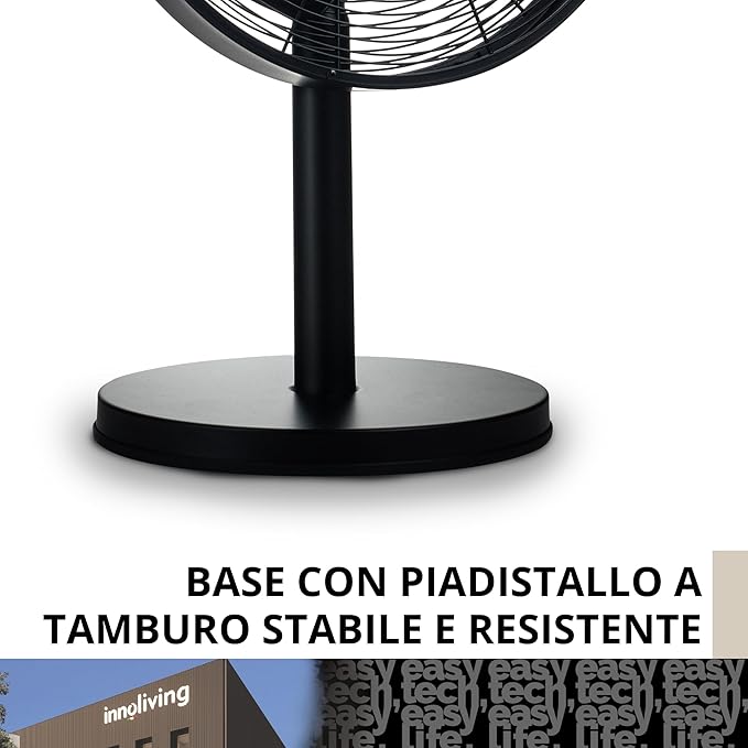 Innoliving Ventilatore Metallo da Tavolo INN-530B, Diametro 35 cm, 3 Velocità, Modalità Oscillazione, Struttura Robusta Metallo Nero, Inclinazione Regolabile 35W