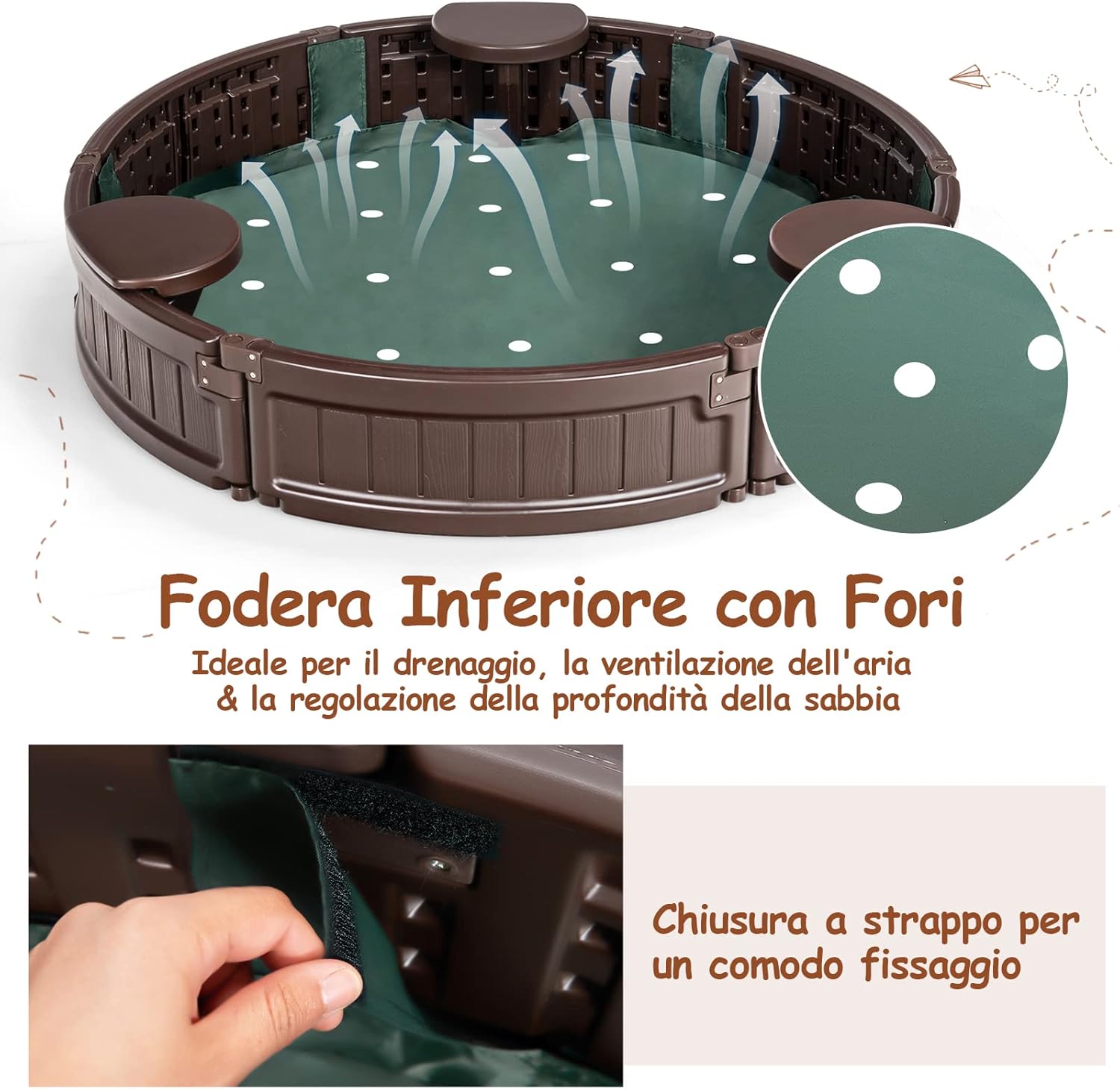 Sabbiera per Bambini con Rotondo Coperchio Impermeabile, Ideale per Giardino, Cortile e Spiaggia,120 x 120 x 21 cm, Marrone