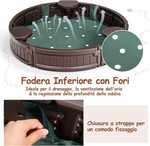 Sabbiera per Bambini con Rotondo Coperchio Impermeabile, Ideale per Giardino, Cortile e Spiaggia,120 x 120 x 21 cm, Marrone