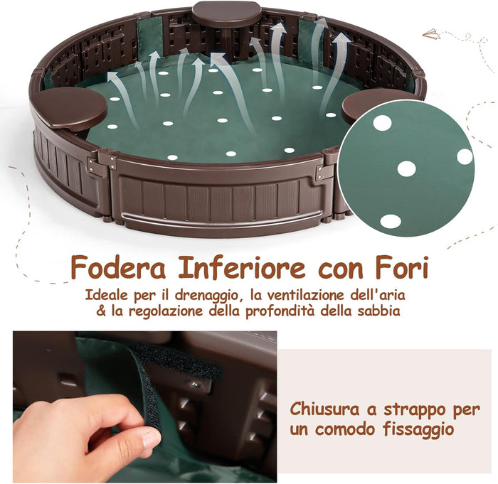 Sabbiera per Bambini con Rotondo Coperchio Impermeabile, Ideale per Giardino, Cortile e Spiaggia,120 x 120 x 21 cm, Marrone