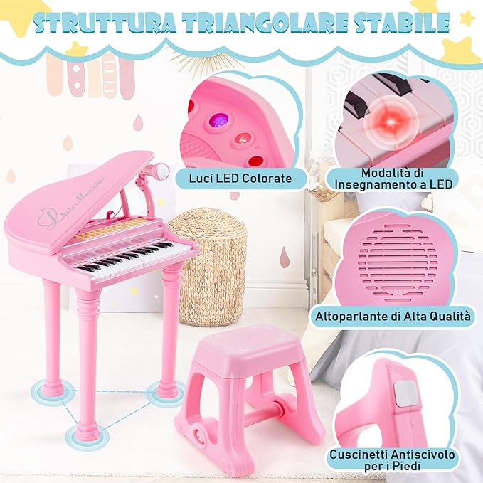 Tastiera Pianoforte a 31 Tasti con Microfono e Sgabello, Pianoforte Giocattolo Portatile con Modalità di Insegnamento a LED, Pianoforte a Coda per Bambini 3+ Anni (Rosa), 35 x 30 x 55 cm
