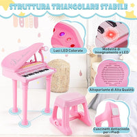 Tastiera Pianoforte a 31 Tasti con Microfono e Sgabello, Pianoforte Giocattolo Portatile con Modalità di Insegnamento a LED, Pianoforte a Coda per Bambini 3+ Anni (Rosa), 35 x 30 x 55 cm