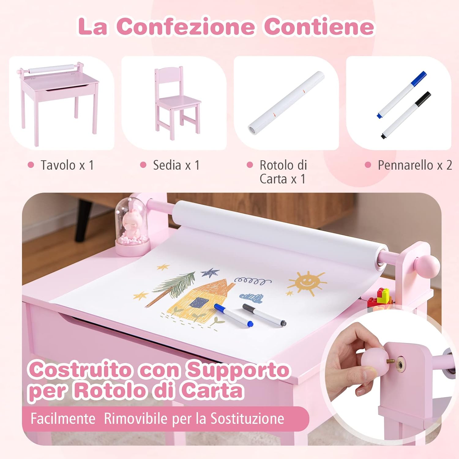 Set Tavolo e Sedia d’Arte per Bambini 3+ Anni, Scrivania in Legno di Pino da Disegno con Portarotolo, Piano Ribaltabile & Vano Portaoggetti, Rotolo di Carta (10m) e 2 Pennarelli (Rosa)