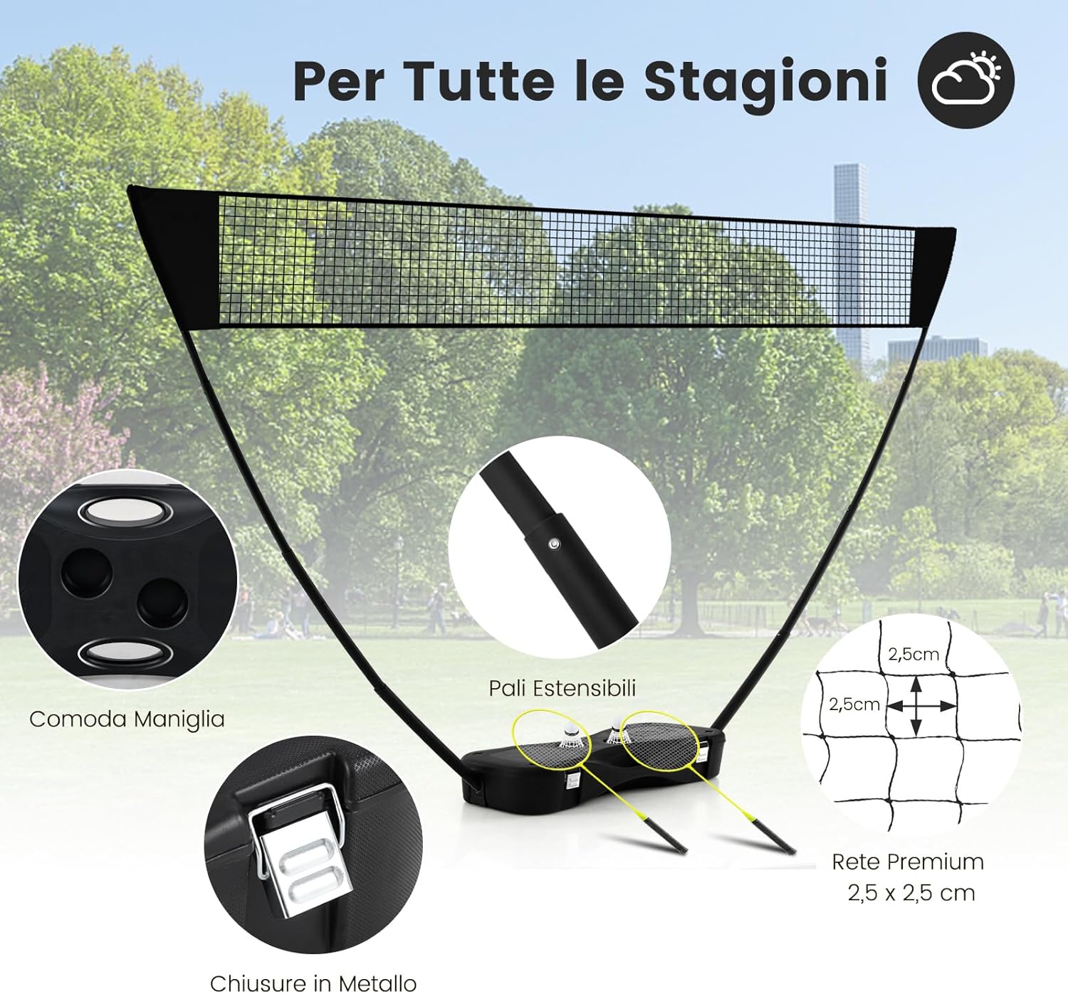 Set di Badminton con Rete, Racchette, 2 Volani e Scatola di Conservazione, Set di Badminton Portatile per 2 Giocatori da Esterno per Bambini, Ragazzi e Adulti