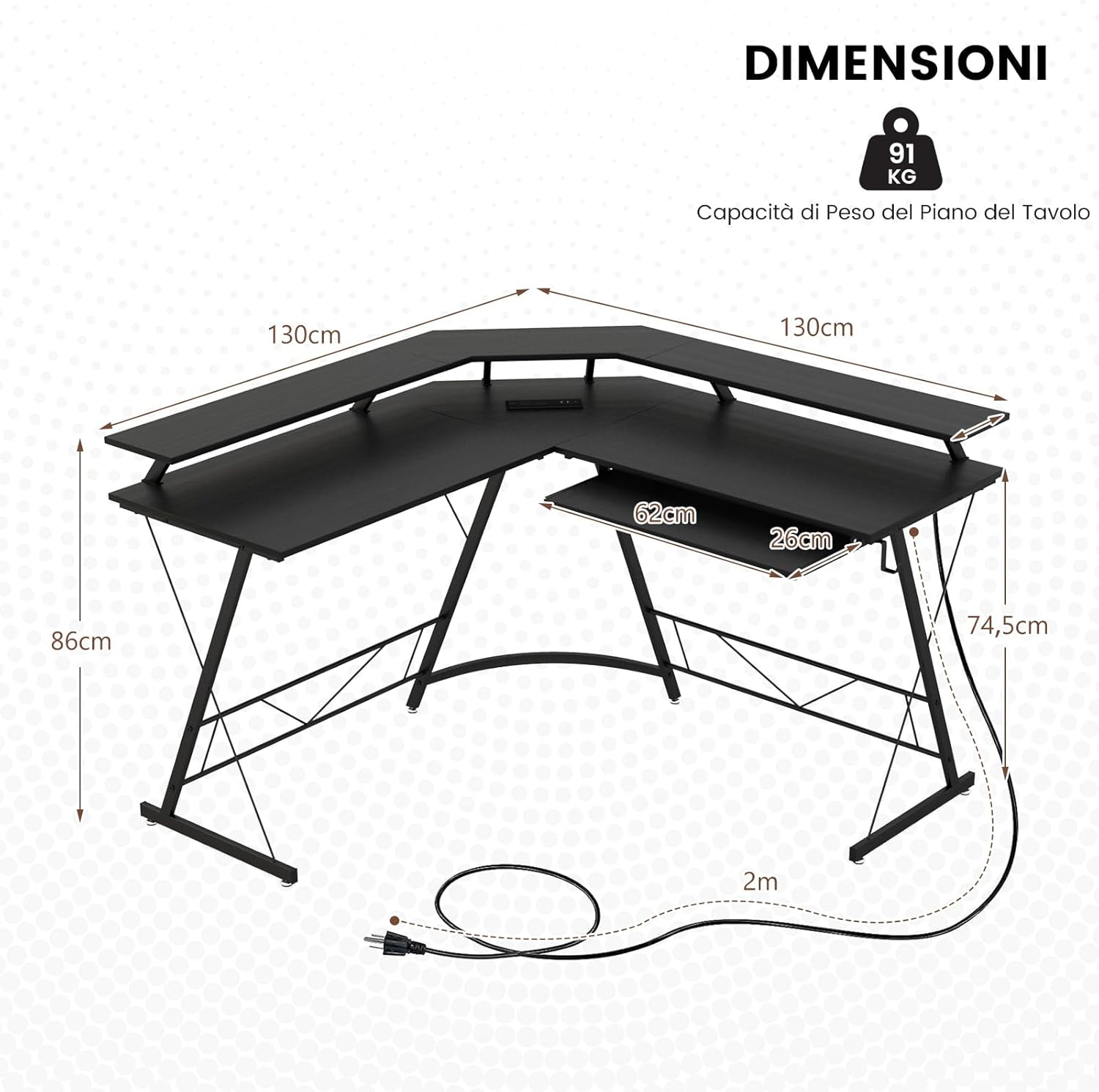 Scrivania Angolare, Scrivania ad Angolo con Presa Elettrica, Supporto per Monitor, Vassoio per Tastiera e Gancio per Cuffie, Scrivania Salvaspazio per Ufficio e Casa (Nero)