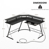 Scrivania Angolare, Scrivania ad Angolo con Presa Elettrica, Supporto per Monitor, Vassoio per Tastiera e Gancio per Cuffie, Scrivania Salvaspazio per Ufficio e Casa (Nero)