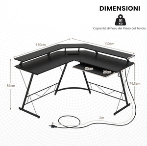 Scrivania Angolare, Scrivania ad Angolo con Presa Elettrica, Supporto per Monitor, Vassoio per Tastiera e Gancio per Cuffie, Scrivania Salvaspazio per Ufficio e Casa (Nero)