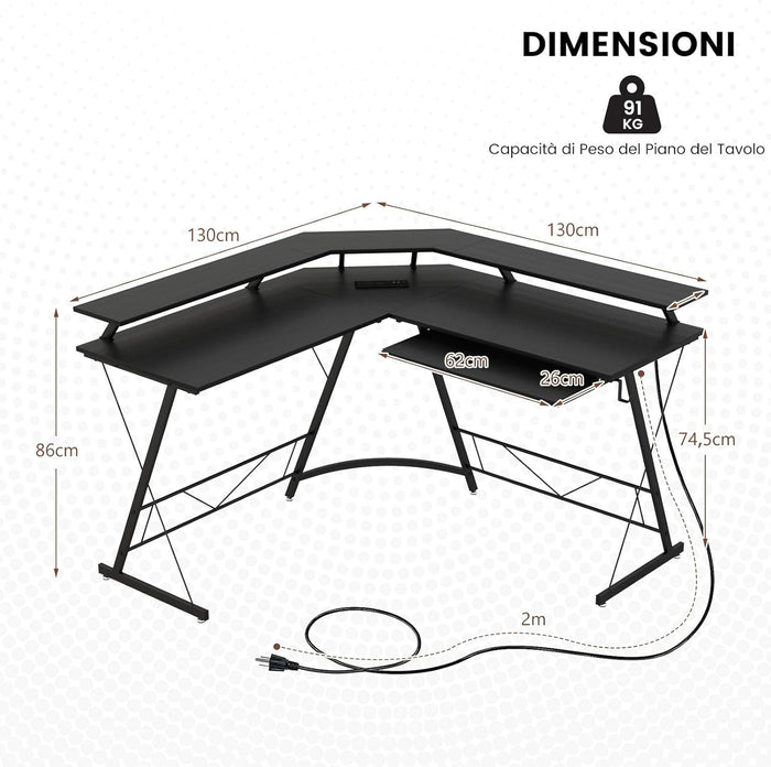Scrivania Angolare, Scrivania ad Angolo con Presa Elettrica, Supporto per Monitor, Vassoio per Tastiera e Gancio per Cuffie, Scrivania Salvaspazio per Ufficio e Casa (Nero)