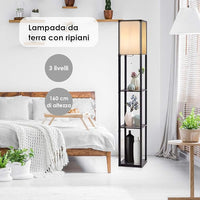 Lampada da Terra da Salotto Design e Moderno, Lampada da Terra con Lampada e 3 Mensole Paralume, Ideale per Soggiorno, Camera da Letto e Studio, Nero