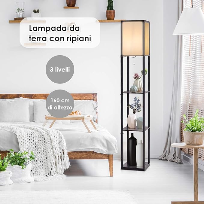 Lampada da Terra da Salotto Design e Moderno, Lampada da Terra con Lampada e 3 Mensole Paralume, Ideale per Soggiorno, Camera da Letto e Studio, Nero