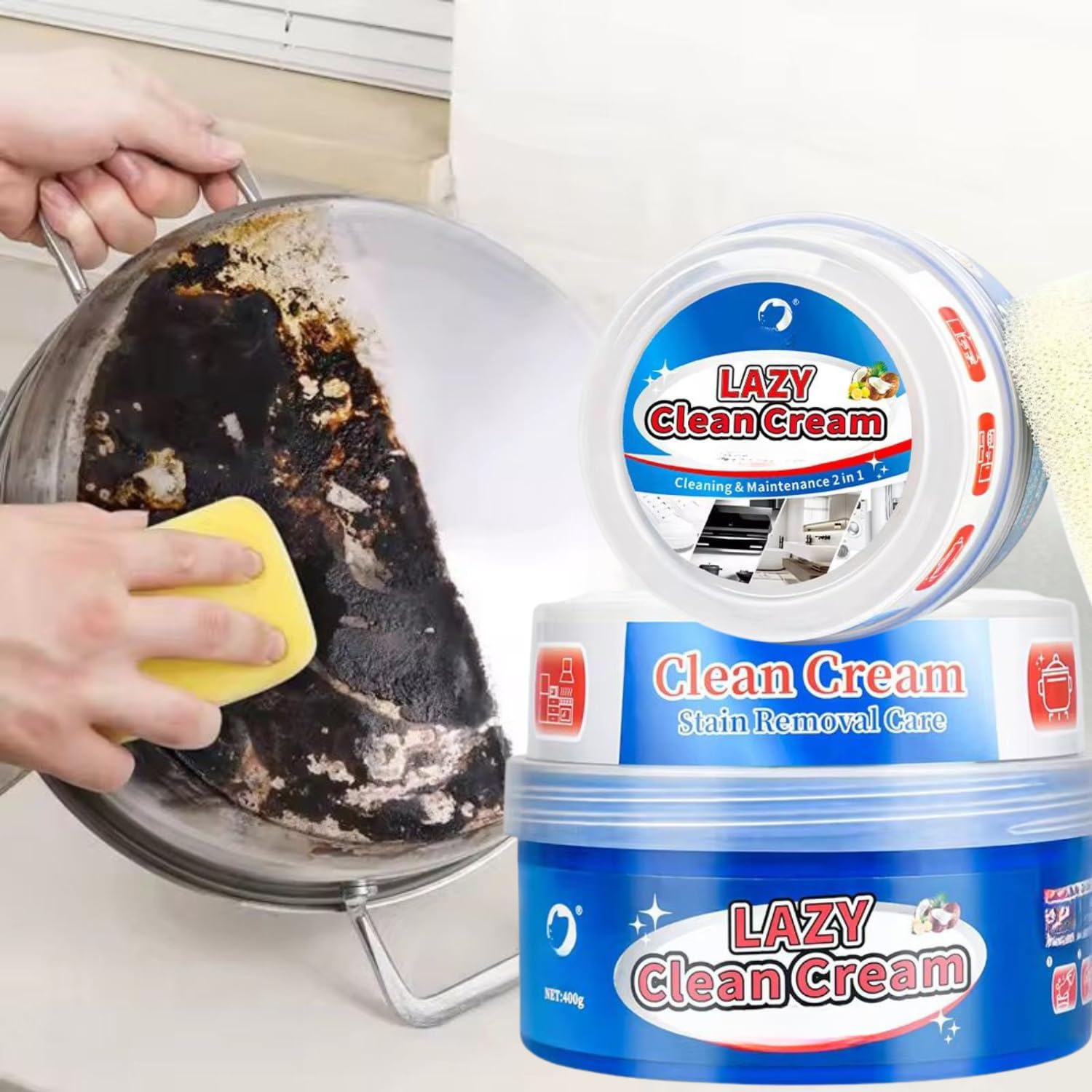 Pasta Pulente Multiuso 400g, con Spugna + Panno Magico Microfibra, Anticalcare Doccia, Azione Antigoccia, Brilla Acciaio, Vetri e Superfici, Detergente Universale Biodegradabile.