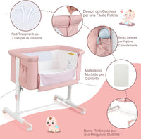 Culla Neonato Fianco Letto 3 in 1, Lettino Dondolo Neonati con Materasso, Culla da Campeggio con Ruote e Borsa, Regolabile In Altezza, Inclinazione di 10°, per Bambini 0-6 Mesi (Rosa)