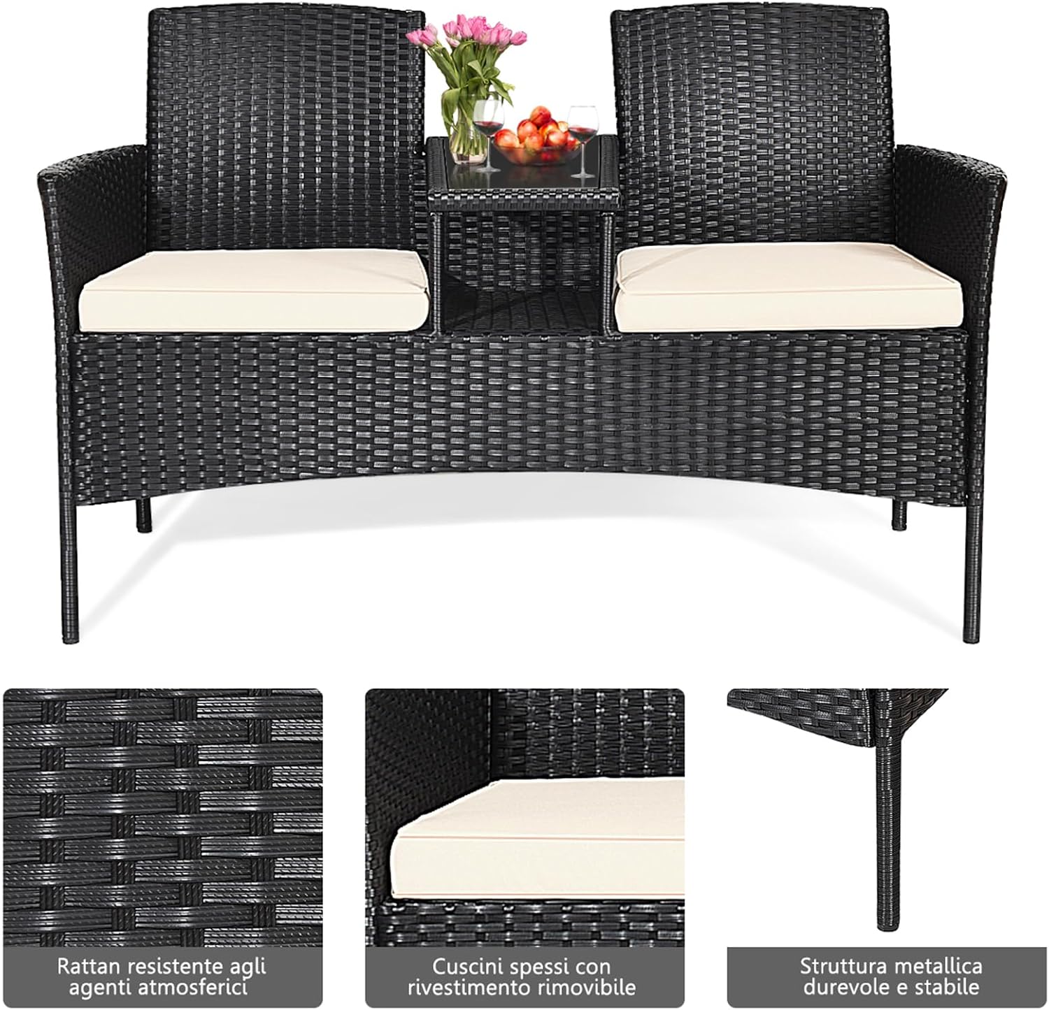 Poltrona da Patio con Tavolo in Vetro Temprato, Set di Mobili in Rattan PE Resistente All’usura con Struttura in Metallo, Cuscini Spessi, per Esterni Giardino Piscina Cortile (Bianco)