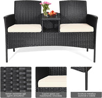 Poltrona da Patio con Tavolo in Vetro Temprato, Set di Mobili in Rattan PE Resistente All’usura con Struttura in Metallo, Cuscini Spessi, per Esterni Giardino Piscina Cortile (Bianco)