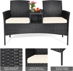 Poltrona da Patio con Tavolo in Vetro Temprato, Set di Mobili in Rattan PE Resistente All’usura con Struttura in Metallo, Cuscini Spessi, per Esterni Giardino Piscina Cortile (Bianco)