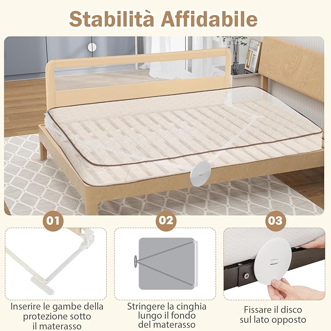 Barriera Letto per Bambini di 180 cm, Sponda di Sicurezza Pieghevole con Copertura Rimovibile, Rete Traspirante, Sbarra da Letto per Letti Singoli e Matrimoniali, 180 x 41 x 55 cm (Beige)
