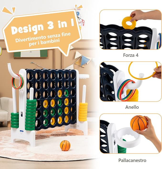 Forza 4 Gigante, Forza Quattro per Bambini con Canestro, Palla, 5 Anelli e 42 Piedine, Giochi Educativi da Esterno ed Interno per Vacanze e Feste, Ideale per Bambini +3 Anni