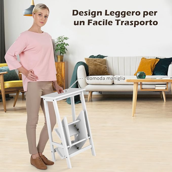 Scaletta Pieghevole, 3 in 1 Scaletta e Sgabello in Legno di Gomma Multifunzione, 3 Gradini, Reversibili Impugnatura, Capacità di Carico 310 kg, Ideale per Studio, Soggiorno (Bianco)