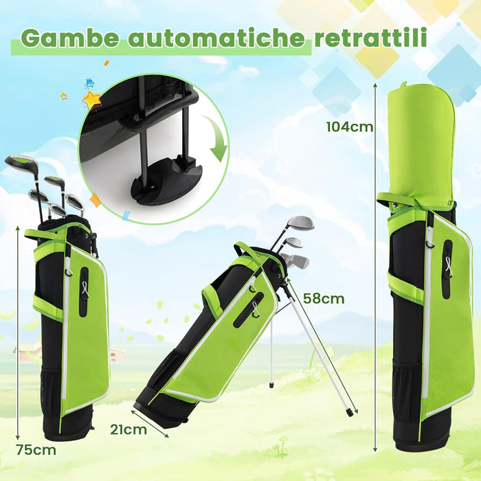 Set di Mazze da Golf per Bambini con Sacca, Fodera Impermeabile, Driver 1, Ibrido 5, Ferro 7, Ferro 9, Ferro S e Putter, Set Allenamento Golf per 11-13 Anni, Destrorso
