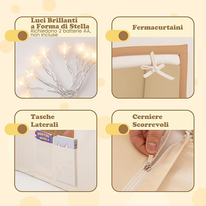 Tenda da Gioco per Bambini, con Tenda Porta e Finestre, Luci a Stella, Tappetino Antiscivolo, Casetta per Bambini e Bambine 3-10 Anni, 120 x 101 x 143 cm (Marrone)