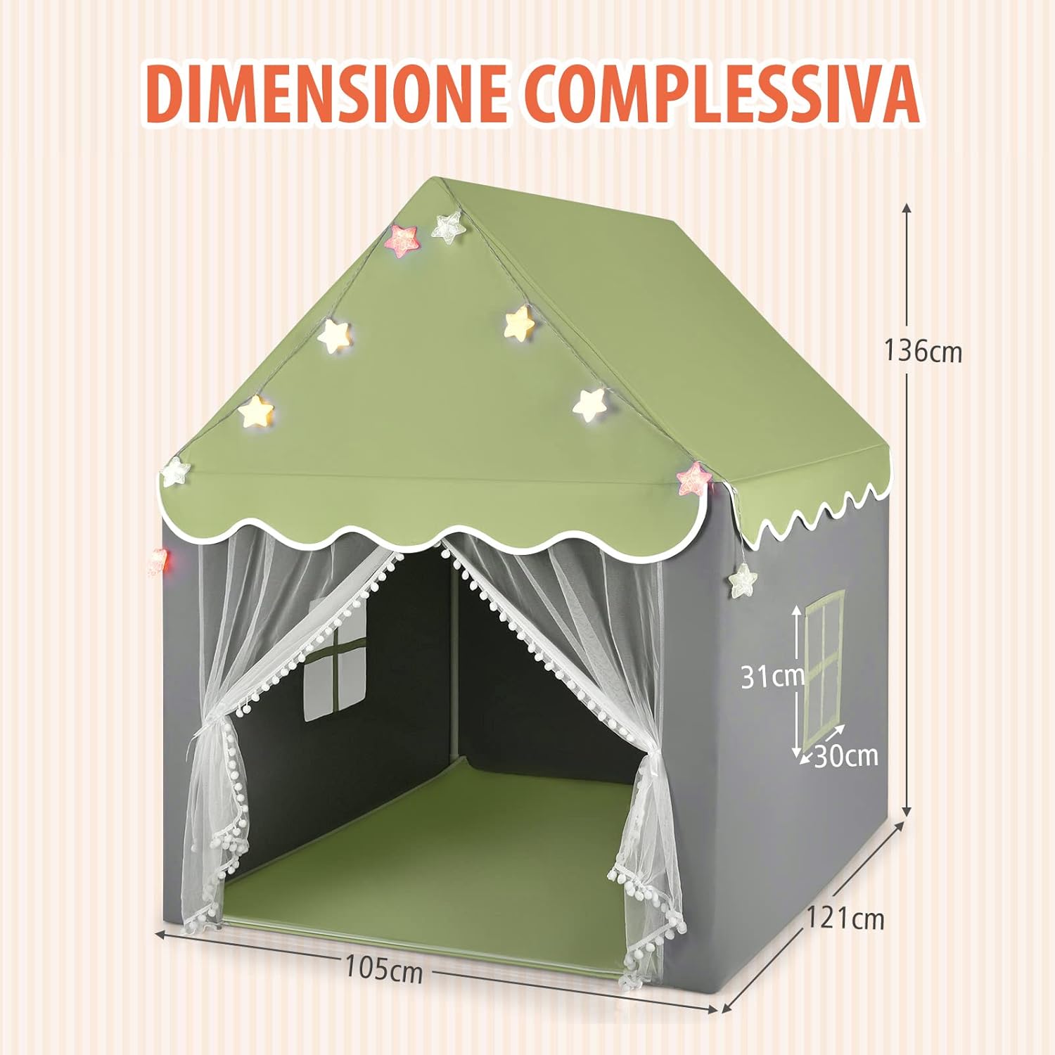 Tenda da Gioco per Bambini, Tenda Castello con Tappetino Lavabile, Luci a Forma di Stella, per Interno ed Esterno, 105 x 121 x 136 cm (Verde)