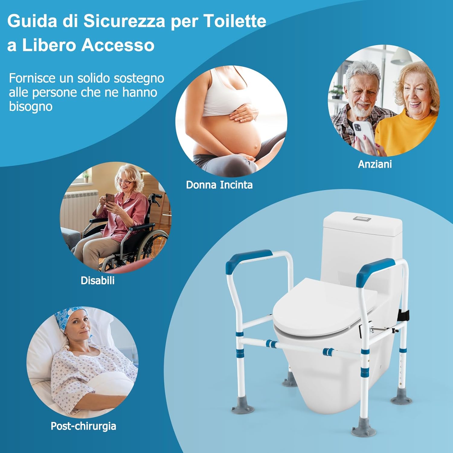 Supporto di Sicurezza Telaio Autonomo per WC, Supporto per WC Regolabile in Altezza e Larghezza con Cinghia di Fissaggio, Con Ventose Antiscivolo (Blu)