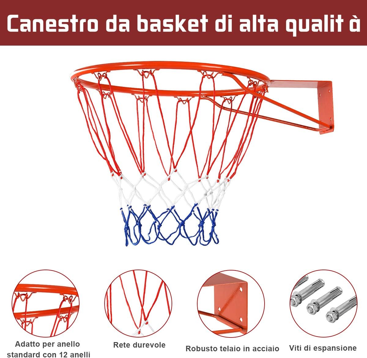 Canestro da Basket, con Anello e Rete, per Bambini e Adulti, da Muro e Tabellone, in Metallo, 46x46CM