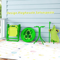 Set Tavolo da Giardino Bambini con 2 Sedie Pieghevoli, Tavolino da Esterno con Ombrellone in Poliestere Regolabile in Altezza, Set Mobili da Giardino per Bambini 3-6 Anni (Rana, Verde Chiaro)