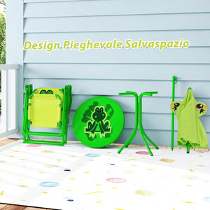 Set Tavolo da Giardino Bambini con 2 Sedie Pieghevoli, Tavolino da Esterno con Ombrellone in Poliestere Regolabile in Altezza, Set Mobili da Giardino per Bambini 3-6 Anni (Rana, Verde Chiaro)