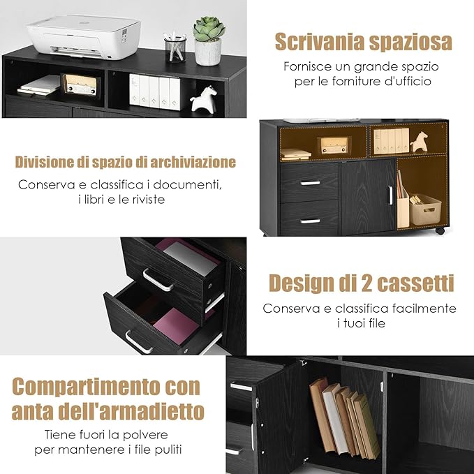 Mobile Per Documenti Con 3 Mensole Aperte, 2 Cassetti, Superficie Ampia, Schedario Mobile Con 5 Ruote Girevoli, Per Casa e Ufficio