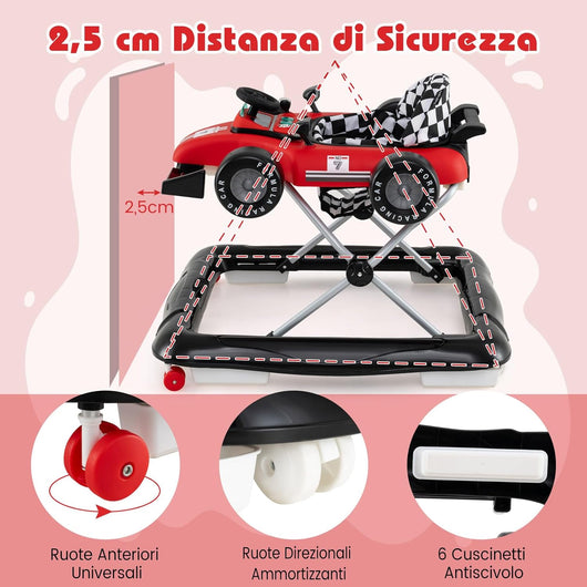 4 in 1 Girello per Bambini, Altezza Regolabile a 3 Livelli, Passeggino per Bambini, con Volante Imbottito e Scatola Musicale, Portata 12 kg, per Bambini 6-18 Mesi (Rosso)
