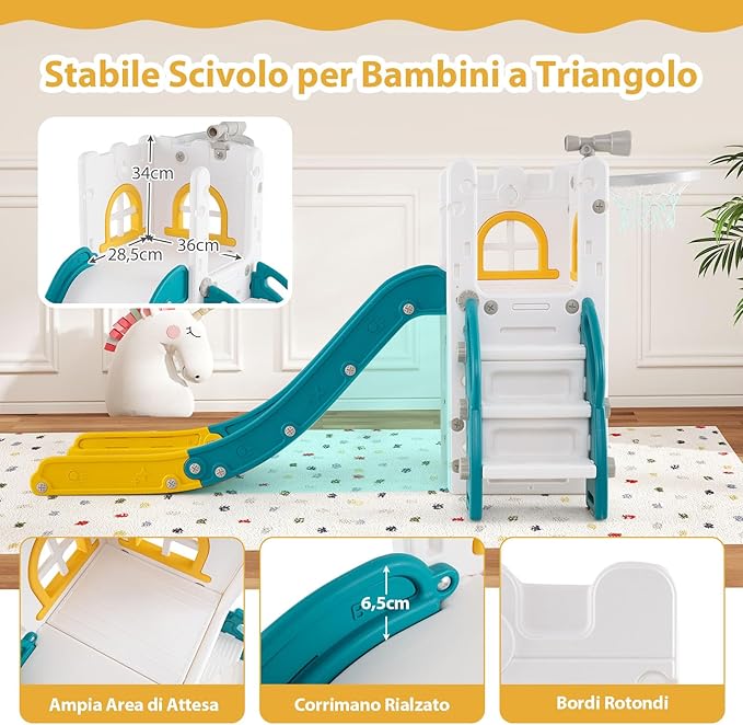6 in 1 Scivolo per Bambini, Set da Gioco a Forma di L con Canestro da Basket e Telescopio, Spazio di Archiviazione, Scivolo da Interno ed Esterno per 1-3 Anni (Giallo)