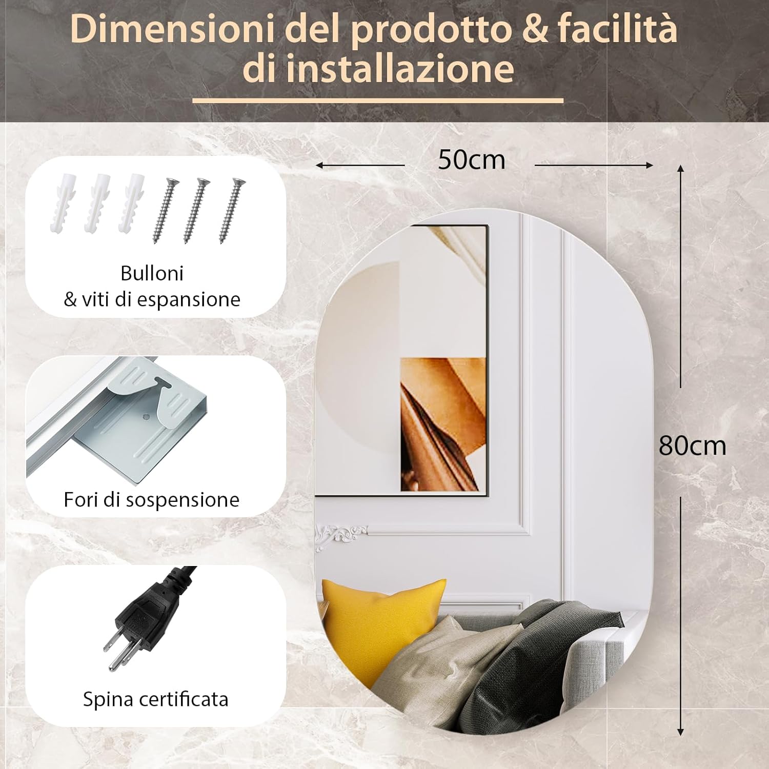 Specchio LED da Bagno 80x50 cm, Specchio da Parete Ovale con Pulsanti Touch, 3 Colori, Antiesplosione Antiappannamento