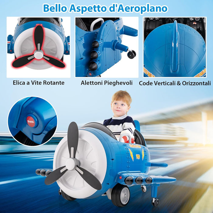 Macchina Elettrica a Forma di Aereo per Bambini, Aeroplano Elettrico Cavalcabile con Telecomando Alare Pieghevole e Elica Rotante, Cruscotto Illuminato, per Bambini 3 Anni+ (Blu)