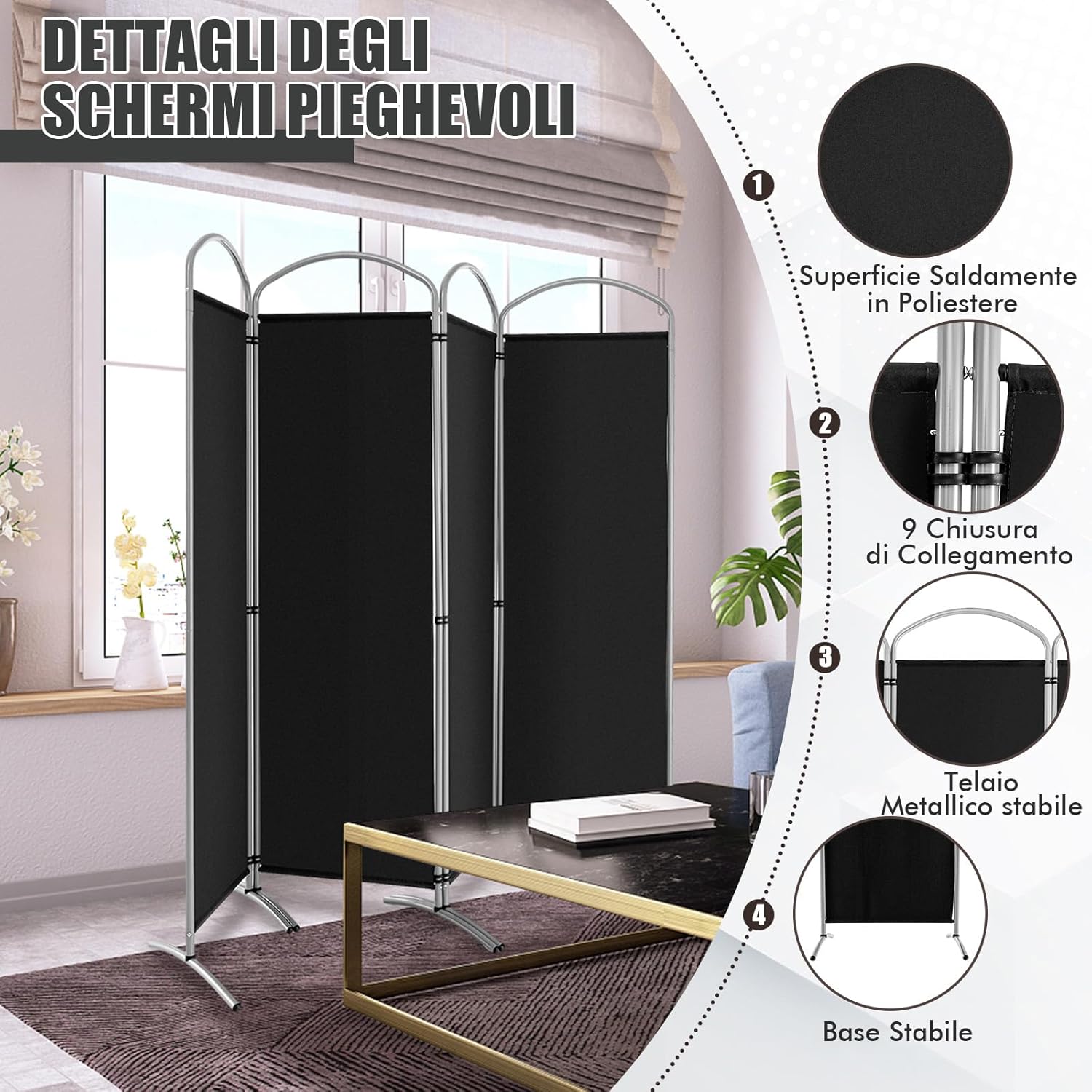 Paravento Pieghevole a 4/6 Pannelli, Separé Divisorio Interno ed Esterno, Pannelli Divisori per Camera da Letto, Ufficio e Soggiorno (221 x 188 cm 4 Pannelli, Nero)