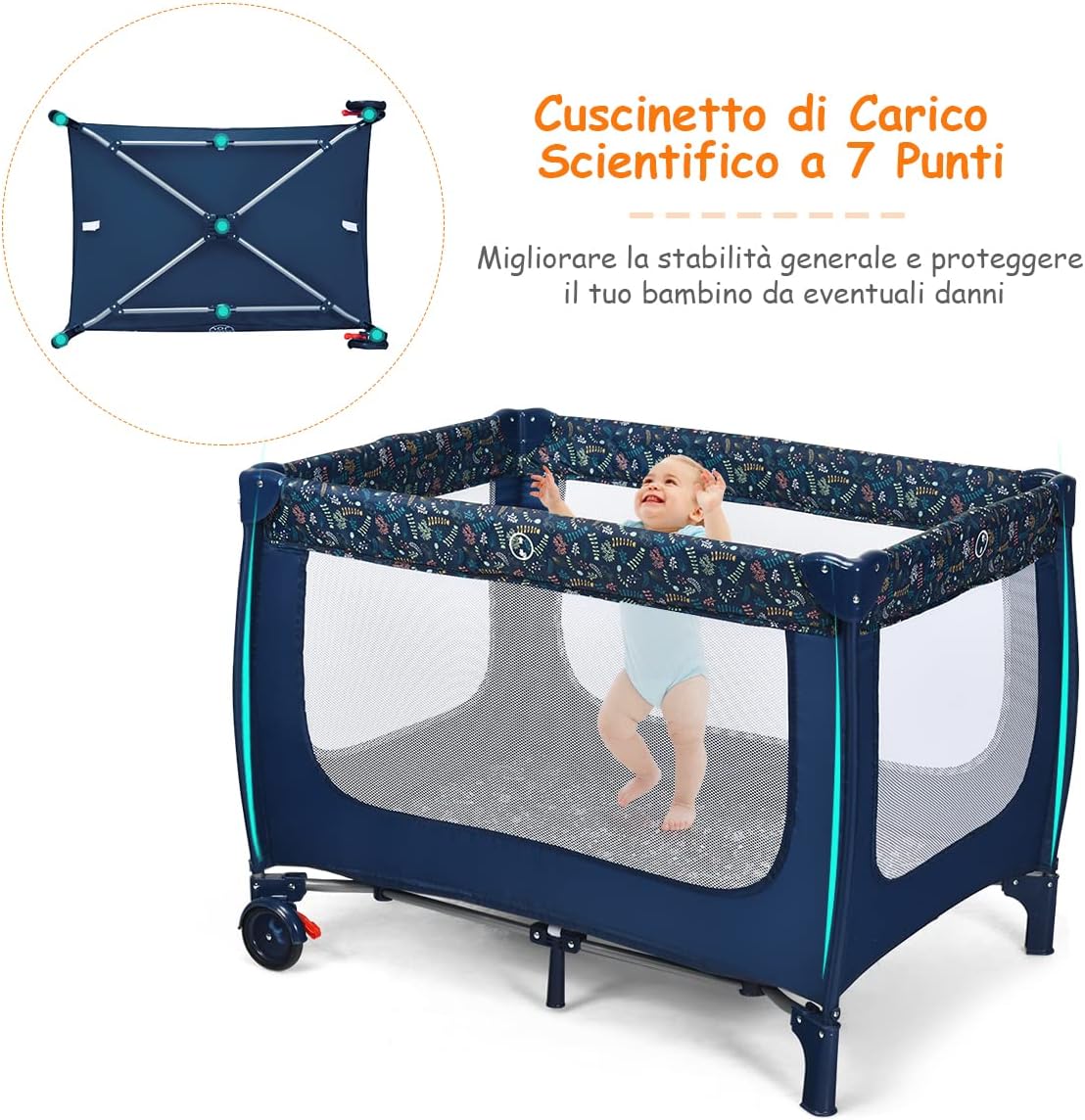 Box Portatile per Bambini, Lettino Multifunzionale con Rete Traspirante e Design Pieghevole, Ideale per Bambini 0-36 Mesi (Carico Massimmo 15 kg), 125 x 65 x 76 cm (Blu)