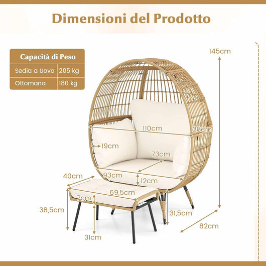Sedia a Uovo con Poggiapiedi, Set da 2 Pezzi in Rattan con Struttra in Metallo e Cuscini Morbini, Portata 205 kg, Poltrona Relax per Soggiorno, Terrazzo, Giardino e Cortile
