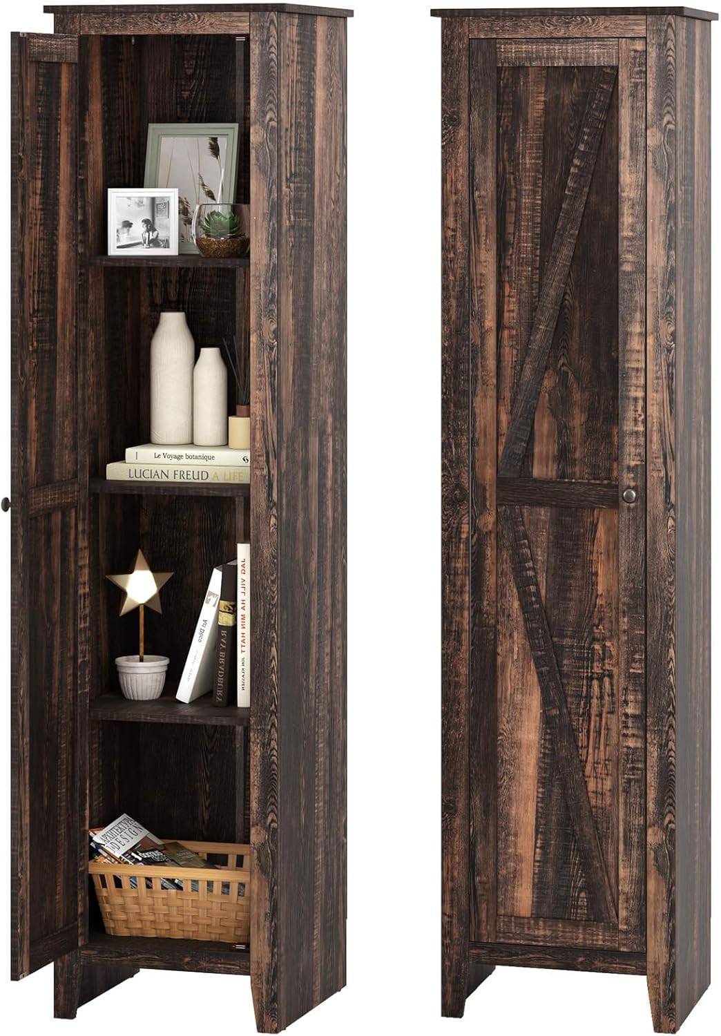 Mobile Bagno 43 x 39,5 x 183 cm, Colonna Bagno con Ante e 4 Ripiani, Armadietto Salvaspazio Alto a Colonna in MDF, per Soggiorno, Cucina e Ufficio (Marrone)