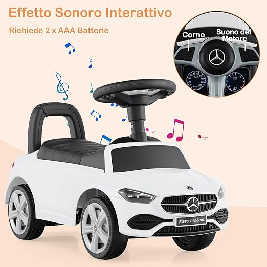Mercedes Benz Macchinina Cavalcabile a Spinta per Bambini, Auto da Gioco con Volante Clacson e Suono, Spazio di Archiviazione, Auto a Spinta per bambini 1-3 Anni (Bianco)