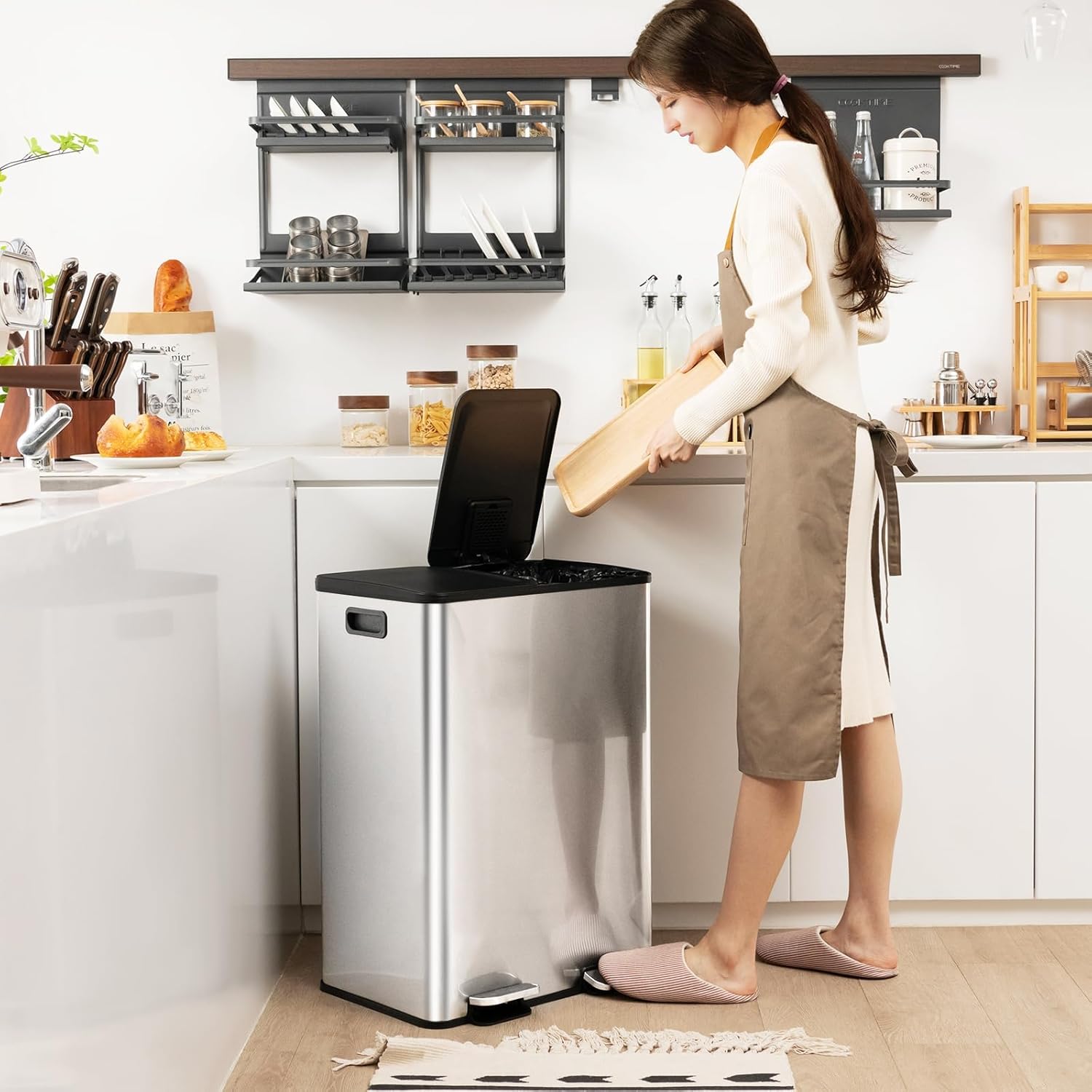 Pattumiera per Differenziata 2 Scomparti, Secchi Spazzatura Differenziata 2 x 30 L, Bidone con Coperchi a Chiusura Morbida, Acciaio Inox Anti-Impronte (Argento)