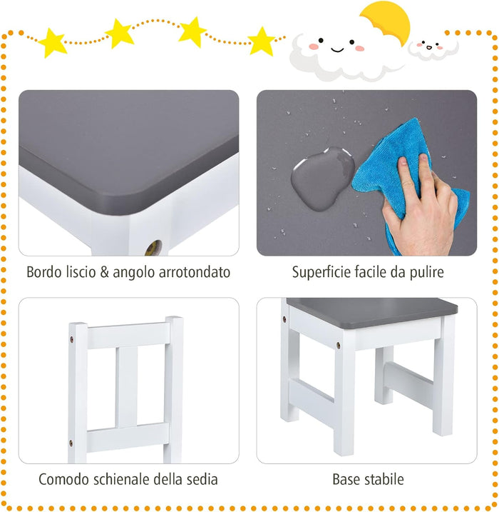 Set 4 Pezzi Tavolo e Sedie per Bambini, Set Tavolo Attività di Legno 2 in 1 per Bambini con 2 Sedie e 1 Panca, Per Bambini per Giocare Disegnare Leggere e Mangiare (Grigio)
