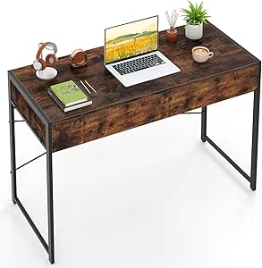 Scrivania con 2 Cassetti, Scrivania per Computer con Robusto Telaio in Metallo e Kit di Anti-ribaltamento, Postazione di Lavoro Multiuso per Camera da Letto, Ufficio e Casa