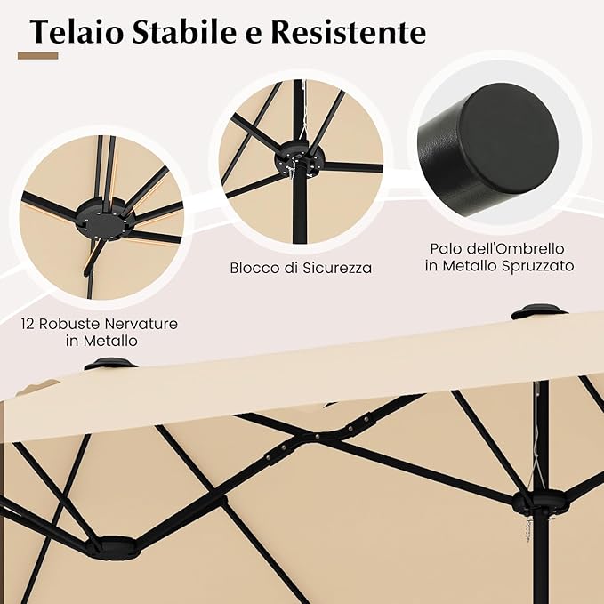 Ombrellone Doppio da Giardino 400 x 200 cm, Ombrellone Rettangolare con Base, Parasole Esterno con Manovella e 12 Stecche, per Giardino Piscina Patio