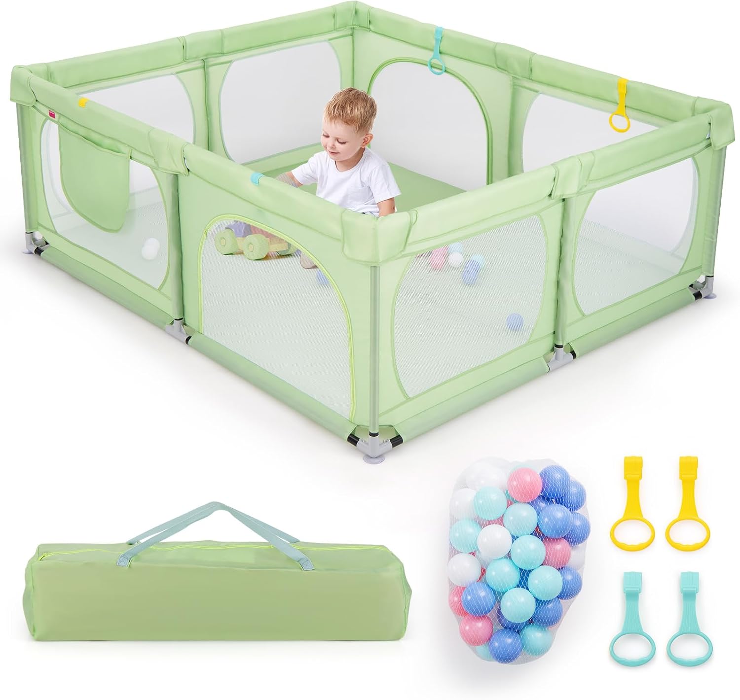 Recinto per Bambini, Box per Bambini con Rete Traspirante, Centro Attività per Bambini con 50 Palline, Box Giochi per Bambini 0-3 Anni (Verde, 189 x 158 cm)