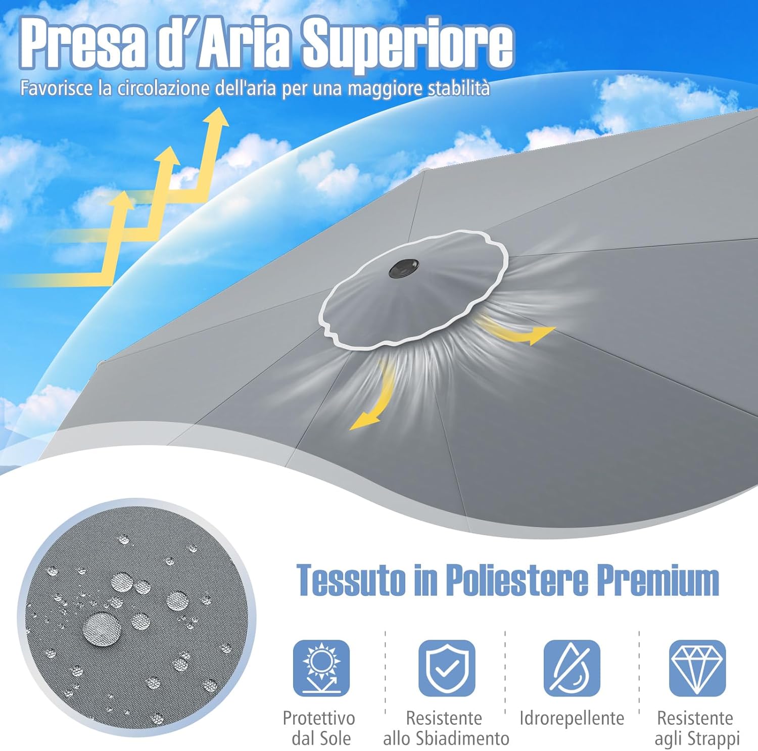 Ombrellone da Giardino 300 cm, Ombrellone Esterno con Manovella, Inclinazione Regolabile, Parasole Pieghevole con Doppio Tetto, 8 Stecche, per Giardino Piscina Patio (Grigio)