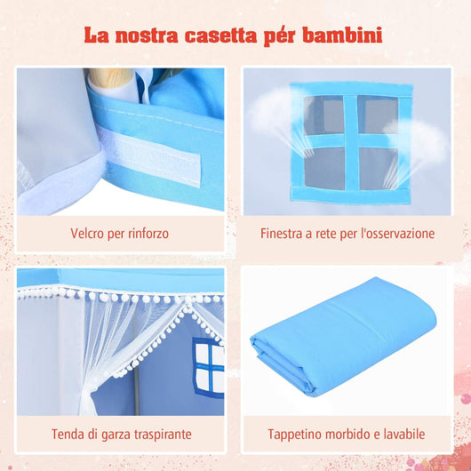 Tenda da Gioco Casetta per Bambini, Castello Giocattolo in Legno Cotone, con Struttura Stabile e Finestre Traspirabili, 105x120x140 cm (Azzurro)