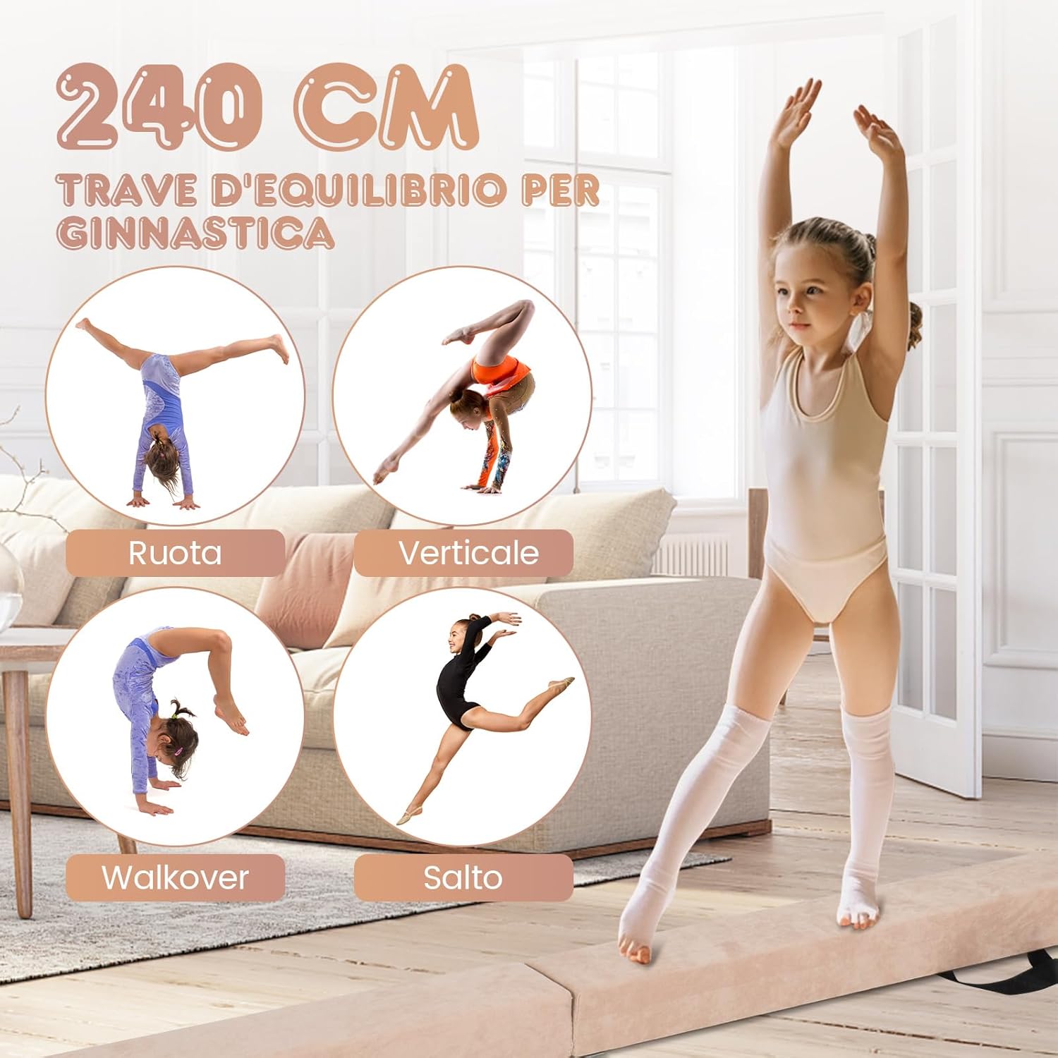Trave Ginnastica Artistica per Casa 210/240 cm, Trave Pieghevole per Bambini con Maniglia, Base in Legno e Fondo Antiscivolo, Trave di Equilibrio da Pavimento