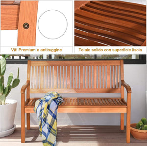 Panchina da Giardino in Legno, Panca per 2 Persone, Schienale Ergonomico, per Cortile Veranda Piscina Balcone, 126 x 63 x 91 cm